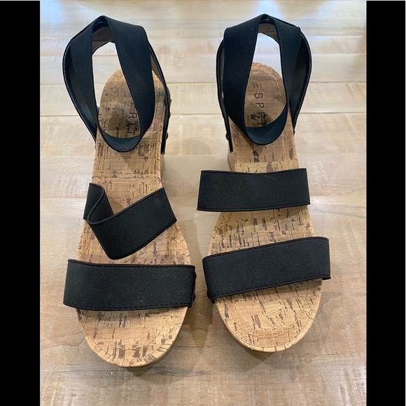 ESPIRIT black espadrille platform slide on wedge cork heel shoes - Picture 6 of 12